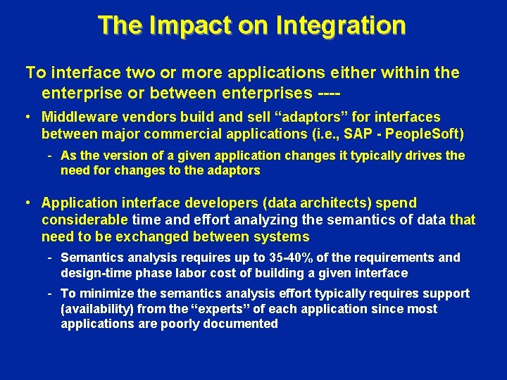 The Impact on Integration To interface two or more applications either within the enterprise The Impact on Integration To interface two or more applications either within the enterprise