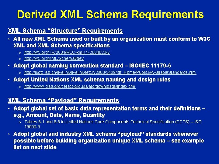 Derived XML Schema Requirements XML Schema “Structure” Requirements • All new XML Schema used Derived XML Schema Requirements XML Schema “Structure” Requirements • All new XML Schema used