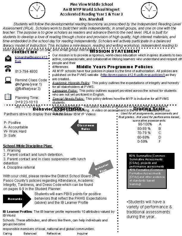 Pine View Middle School An IB MYP World School Magnet Accelerated Reading Year 1