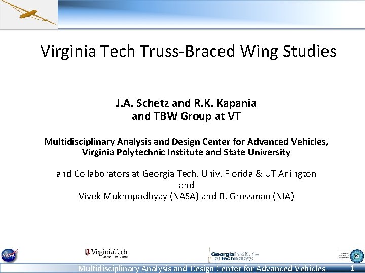 Virginia Tech Truss-Braced Wing Studies J. A. Schetz and R. K. Kapania and TBW