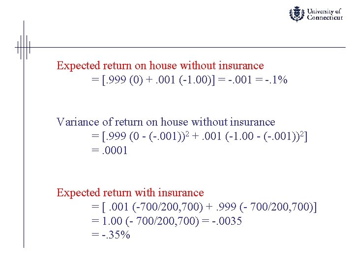 Expected return on house without insurance = [. 999 (0) +. 001 (-1. 00)]