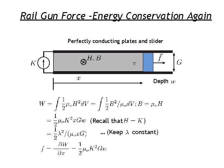 Rail Gun Force -Energy Conservation Again Perfectly conducting plates and slider Depth (Recall that