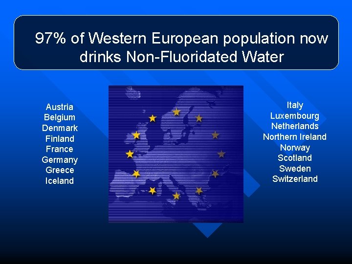 97% of Western European population now drinks Non-Fluoridated Water Austria Belgium Denmark Finland France