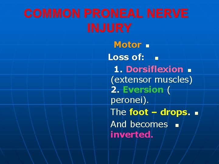 COMMON PRONEAL NERVE INJURY Motor n Loss of: n 1. Dorsiflexion n (extensor muscles)