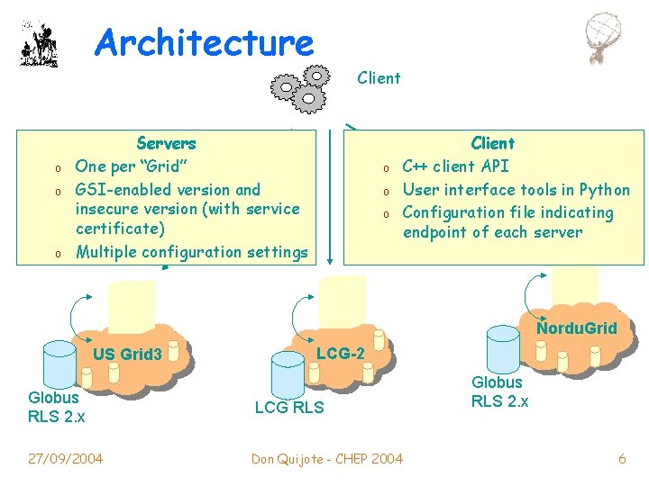 Architecture Client o o o Servers One per “Grid” GSI-enabled version and insecure version