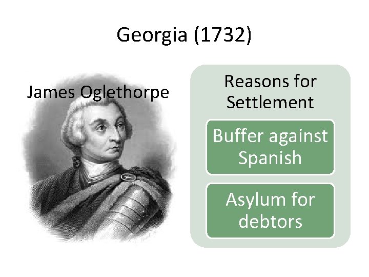 Georgia (1732) James Oglethorpe Reasons for Settlement Buffer against Spanish Asylum for debtors 