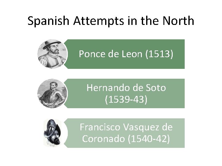 Spanish Attempts in the North Ponce de Leon (1513) Hernando de Soto (1539 -43)