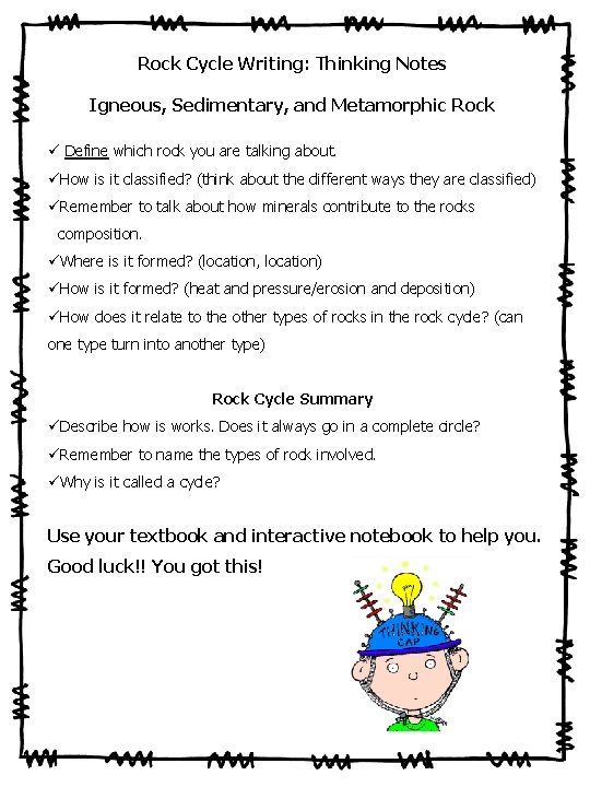 Rock Cycle Writing: Thinking Notes Igneous, Sedimentary, and Metamorphic Rock ü Define which rock