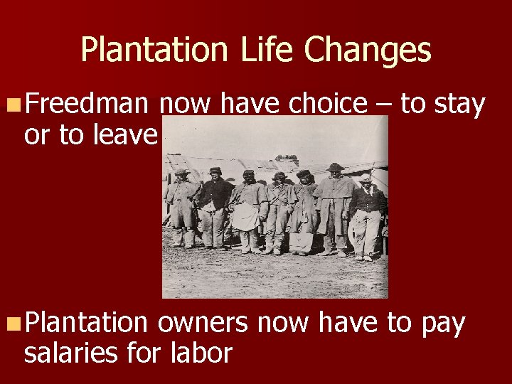 Plantation Life Changes n Freedman now have choice – to stay or to leave