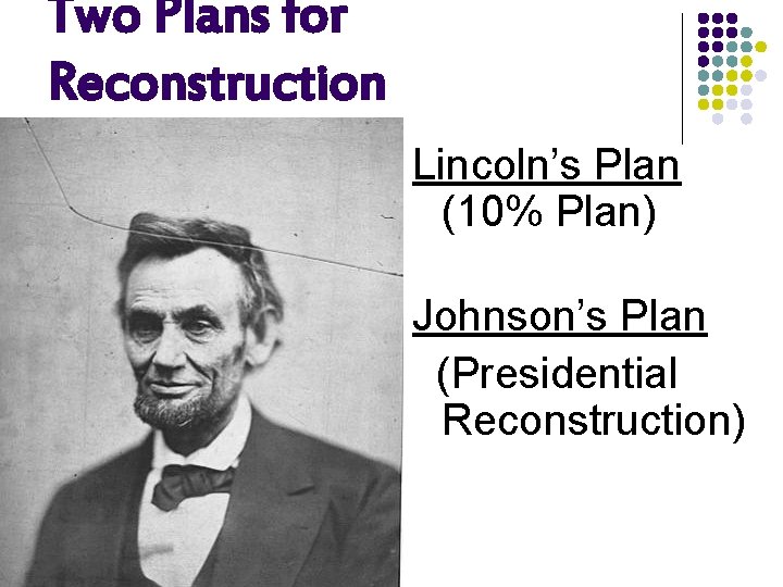 Two Plans for Reconstruction Lincoln’s Plan (10% Plan) Johnson’s Plan (Presidential Reconstruction) 