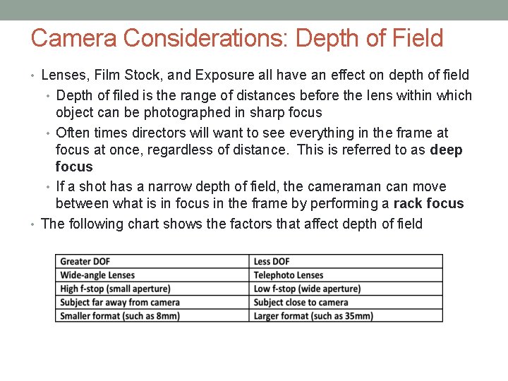 Camera Considerations: Depth of Field • Lenses, Film Stock, and Exposure all have an