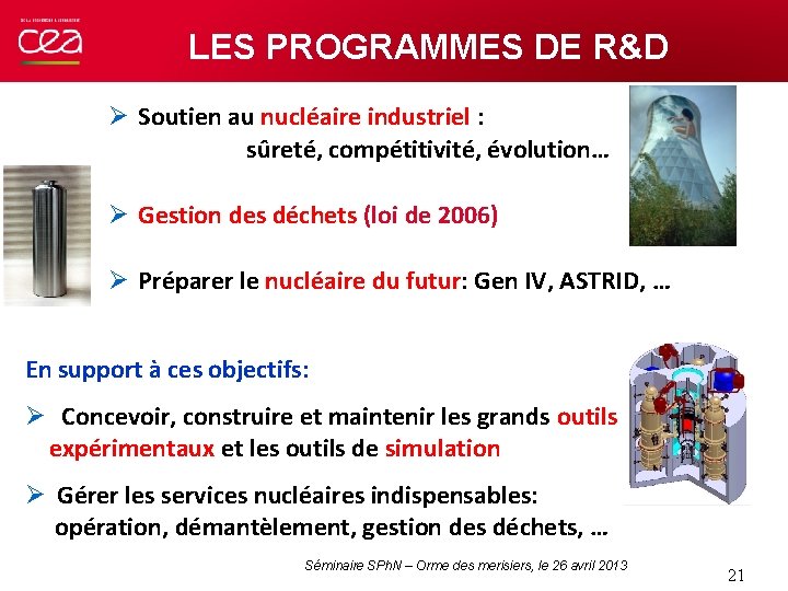 LES PROGRAMMES DE R&D Ø Soutien au nucléaire industriel : sûreté, compétitivité, évolution… Ø