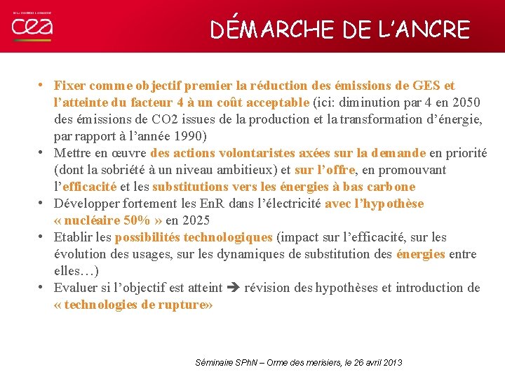 DÉMARCHE DE L’ANCRE • Fixer comme objectif premier la réduction des émissions de GES