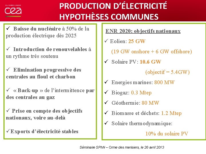 PRODUCTION D’ÉLECTRICITÉ HYPOTHÈSES COMMUNES ü Baisse du nucléaire à 50% de la production électrique