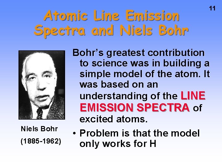 Atomic Line Emission Spectra and Niels Bohr (1885 -1962) 11 Bohr’s greatest contribution to