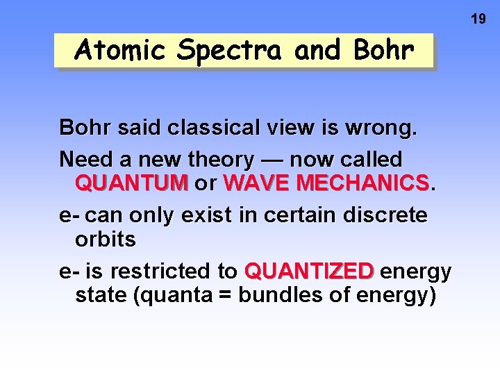 19 Atomic Spectra and Bohr said classical view is wrong. Need a new theory