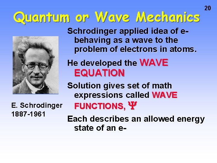 Quantum or Wave Mechanics 20 Schrodinger applied idea of ebehaving as a wave to