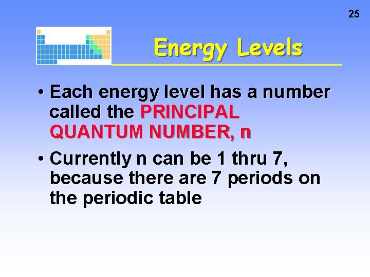 25 Energy Levels • Each energy level has a number called the PRINCIPAL QUANTUM