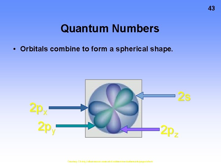 43 Quantum Numbers • Orbitals combine to form a spherical shape. 2 s 2