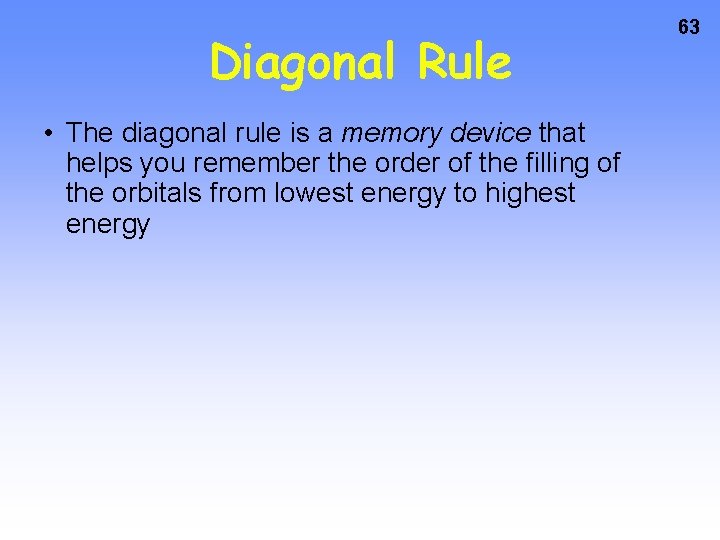 Diagonal Rule • The diagonal rule is a memory device that helps you remember