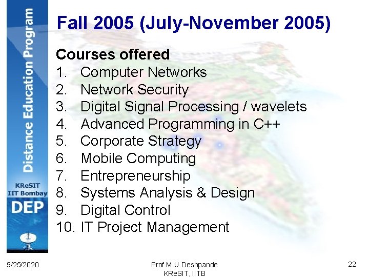 Fall 2005 (July-November 2005) Courses offered 1. Computer Networks 2. Network Security 3. Digital