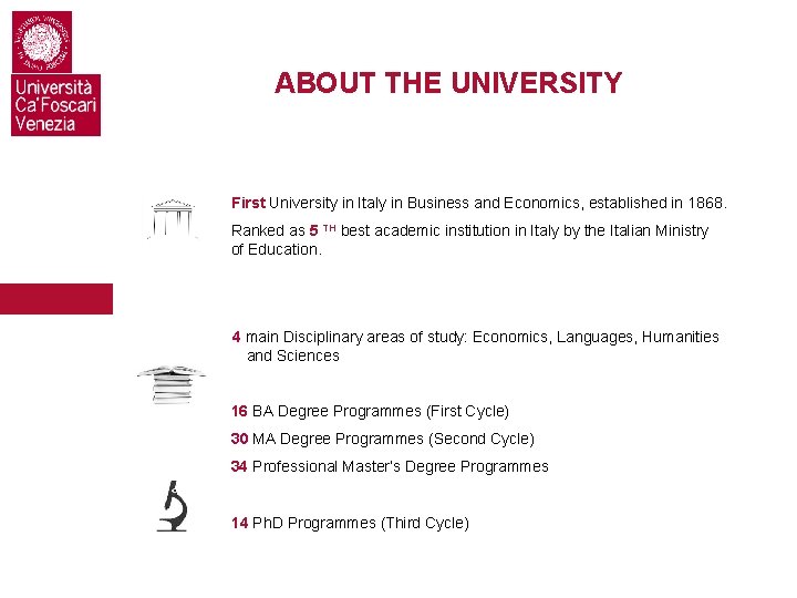 ABOUT THE UNIVERSITY First University in Italy in Business and Economics, established in 1868.