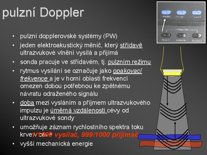 pulzní Doppler • pulzní dopplerovské systémy (PW) • jeden elektroakustický měnič, který střídavě ultrazvukové