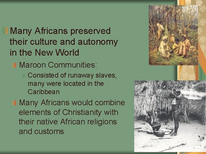 Many Africans preserved their culture and autonomy in the New World Maroon Communities: Consisted