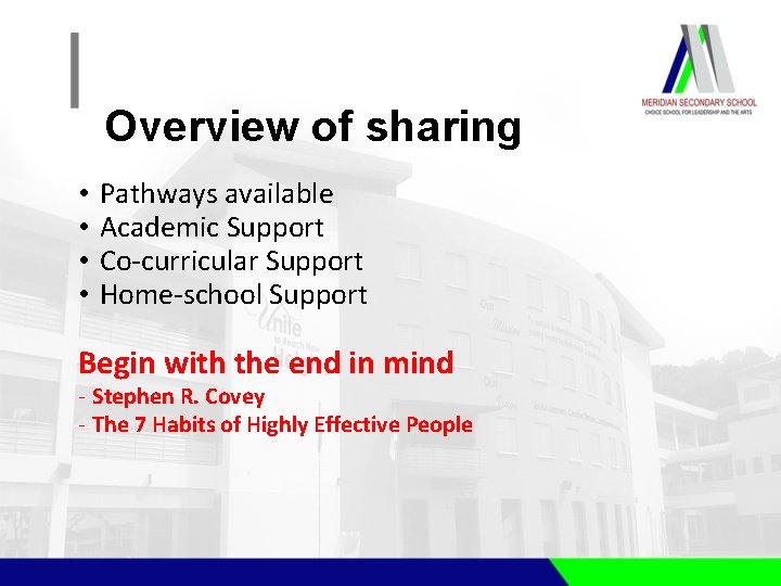 Overview of sharing • Pathways available • Academic Support • Co-curricular Support • Home-school