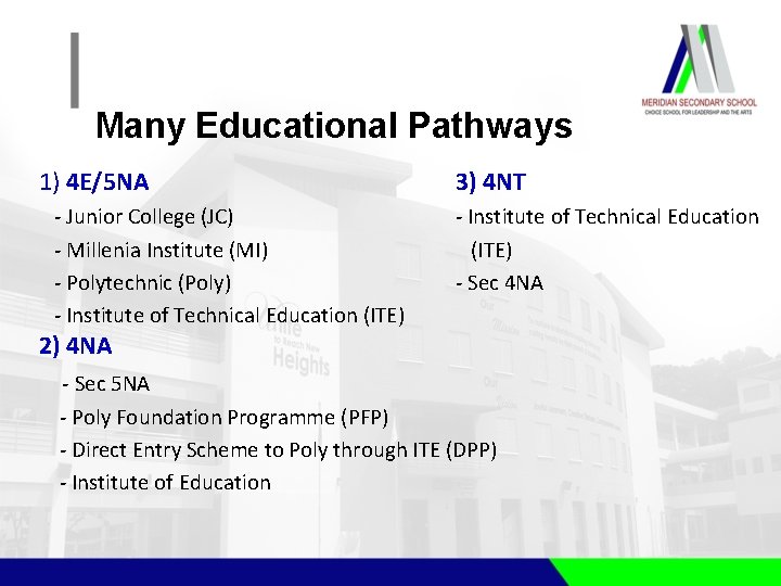 Many Educational Pathways 1) 4 E/5 NA 3) 4 NT - Junior College (JC)