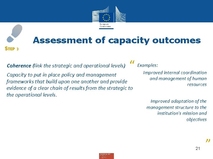 Assessment of capacity outcomes STEP 3 Coherence (link the strategic and operational levels) “