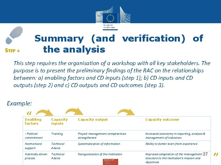 Summary (and verification) of the analysis STEP 4 This step requires the organisation of