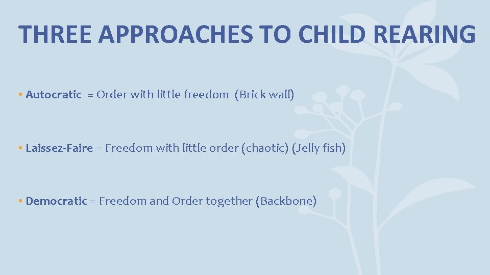 THREE APPROACHES TO CHILD REARING • Autocratic = Order with little freedom (Brick wall)