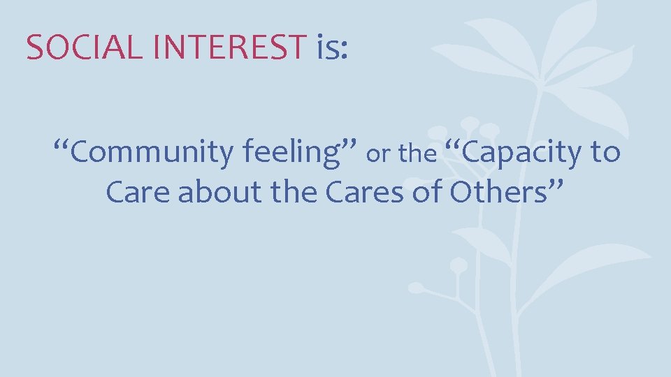 SOCIAL INTEREST is: “Community feeling” or the “Capacity to Care about the Cares of