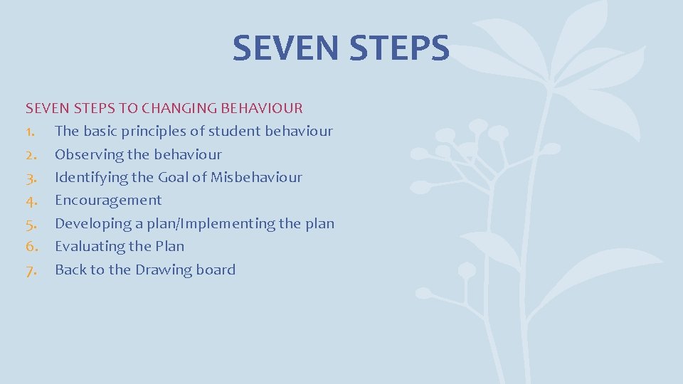 SEVEN STEPS TO CHANGING BEHAVIOUR 1. The basic principles of student behaviour 2. Observing