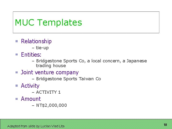 MUC Templates Relationship – tie-up Entities: – Bridgestone Sports Co, a local concern, a