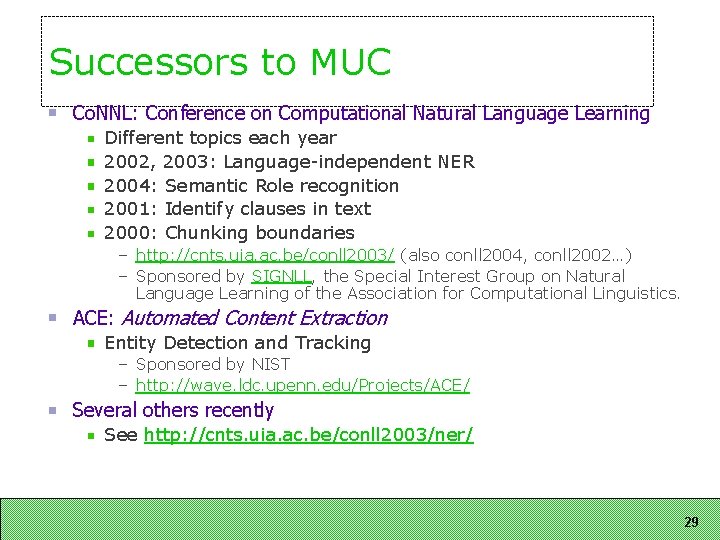 Successors to MUC Co. NNL: Conference on Computational Natural Language Learning Different topics each
