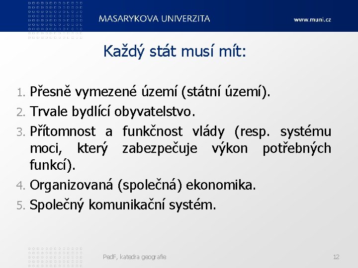 Každý stát musí mít: Přesně vymezené území (státní území). 2. Trvale bydlící obyvatelstvo. 3.