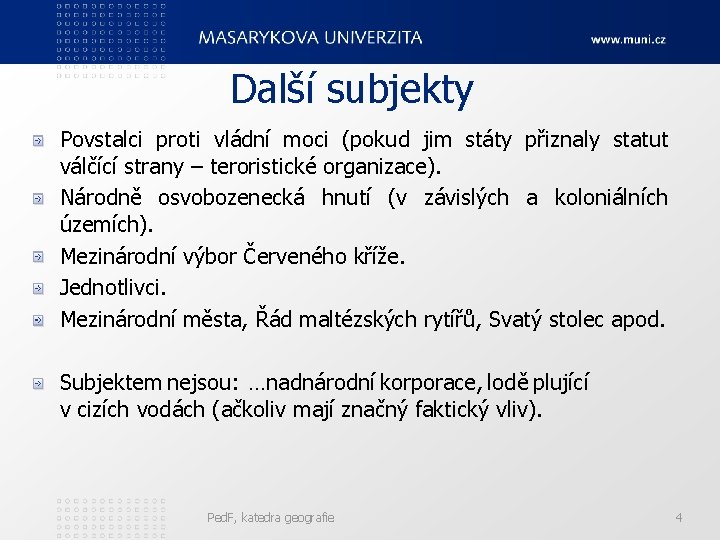 Další subjekty Povstalci proti vládní moci (pokud jim státy přiznaly statut válčící strany –