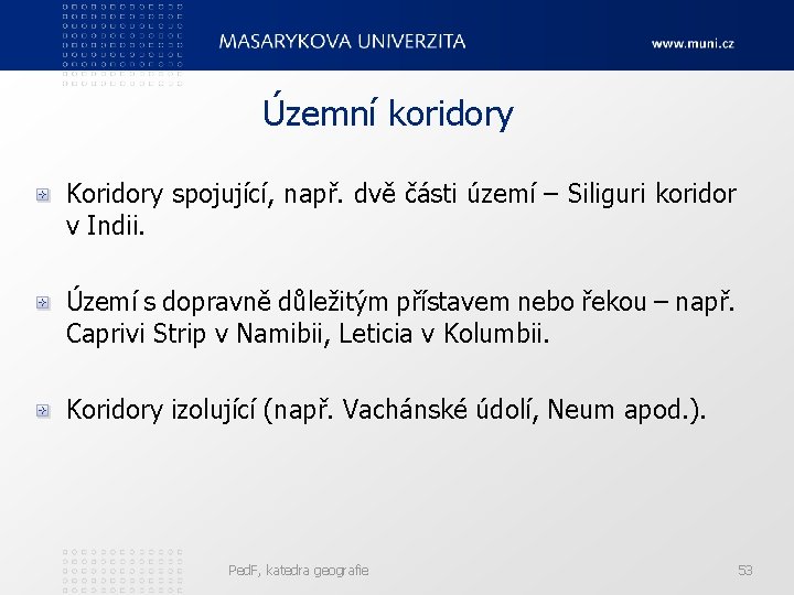 Územní koridory Koridory spojující, např. dvě části území – Siliguri koridor v Indii. Území