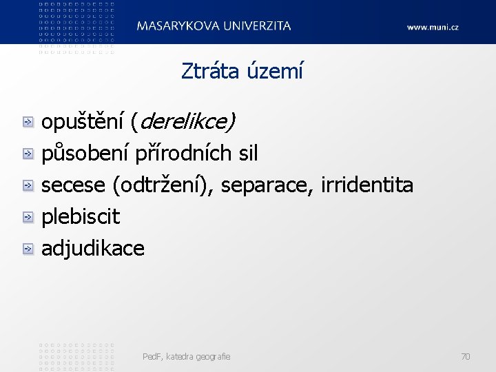 Ztráta území opuštění (derelikce) působení přírodních sil secese (odtržení), separace, irridentita plebiscit adjudikace Ped.