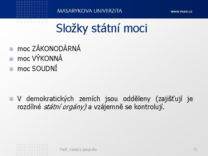 Složky státní moci moc ZÁKONODÁRNÁ moc VÝKONNÁ moc SOUDNÍ V demokratických zemích jsou odděleny