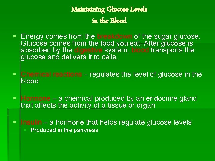 Maintaining Glucose Levels in the Blood § Energy comes from the breakdown of the