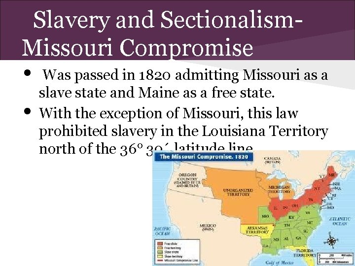 Slavery and Sectionalism. Missouri Compromise • • Was passed in 1820 admitting Missouri as