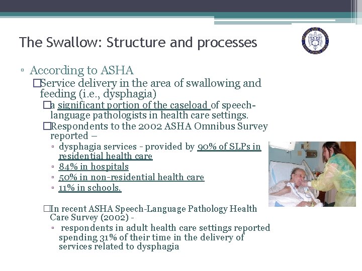 The Swallow: Structure and processes ▫ According to ASHA �Service delivery in the area