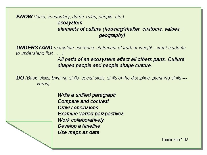 KNOW (facts, vocabulary, dates, rules, people, etc. ) ecosystem elements of culture (housing/shelter, customs, KNOW (facts, vocabulary, dates, rules, people, etc. ) ecosystem elements of culture (housing/shelter, customs,