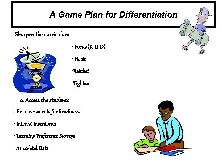 A Game Plan for Differentiation 1. Sharpen the curriculum • Focus (K-U-D) • Hook A Game Plan for Differentiation 1. Sharpen the curriculum • Focus (K-U-D) • Hook