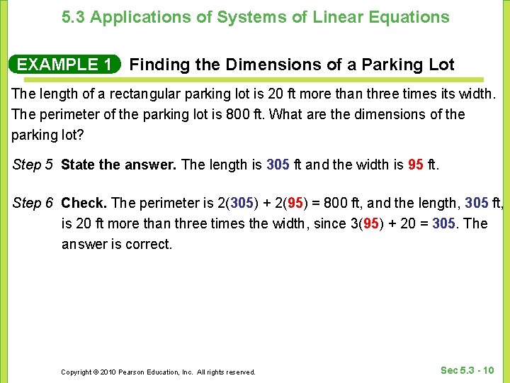 5. 3 Applications of Systems of Linear Equations EXAMPLE 1 Finding the Dimensions of