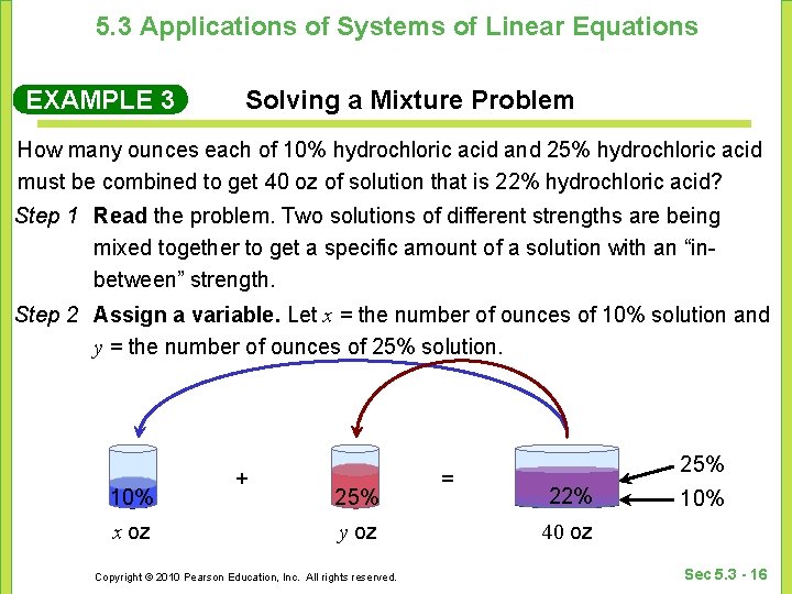 5. 3 Applications of Systems of Linear Equations EXAMPLE 3 Solving a Mixture Problem