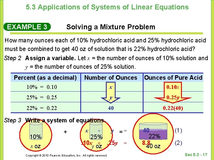 5. 3 Applications of Systems of Linear Equations EXAMPLE 3 Solving a Mixture Problem